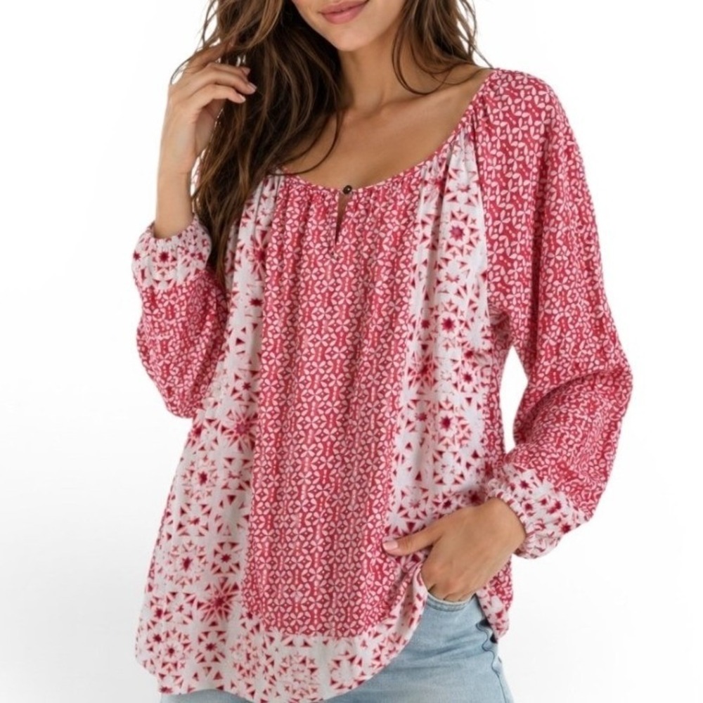Great Northwest Indigo Womens Coral Pink Geometric Rayon Peasant Top Large L